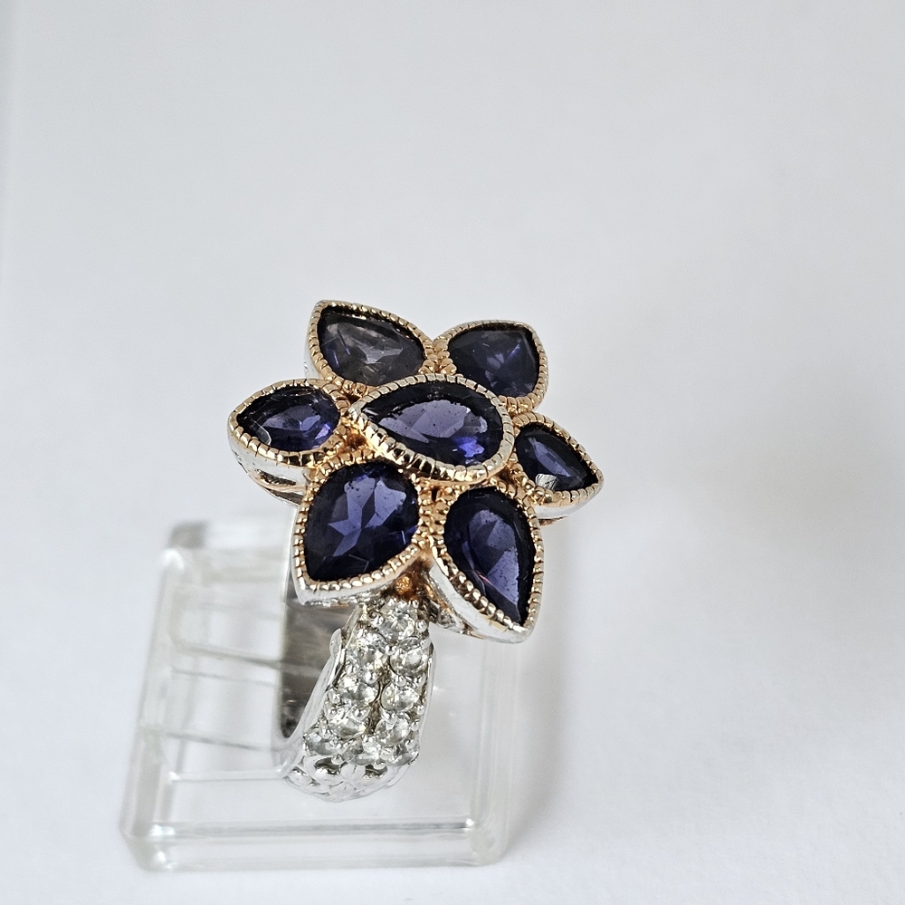 Genuine Iolite & White Zircon Ring Palladium Sterling Silver 18k RG Sz 8 - Picture 5 of 8